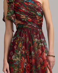 Wine Multi One Shoulder Floral Printed Chiffon Side Cut Out Gown