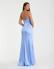 Blue Strapless Satin Column Gown With 3D Flower