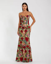 Beige Multicolor Embroidered Spaghetti Strap Floral Gown
