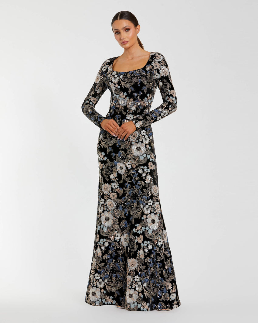 Black Floral Embroidered Velvet Evening Gown