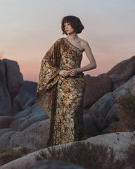 Gold Multi One Shoulder Metallic Burnout Velvet Evening Gown