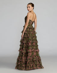 Green Floral Strapless Tiered Ruffle A-Line Gown