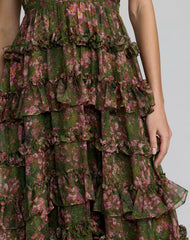 Green Floral Strapless Tiered Ruffle A-Line Gown