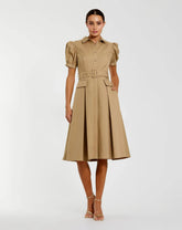 Puff Sleeve Belted Midi Shirt Dress