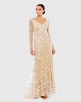 Beige Embroidered V Neck Long Sleeve Trumpet Gown - FINAL SALE