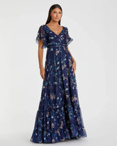Navy Multicolor Flounce Sleeve Floral Gown