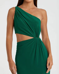 Green One Shoulder Ruched Cut Out Jersey Gown