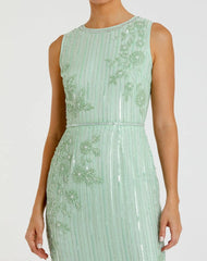 Green Striped Floral Embellished Sleeveless Midi Dress