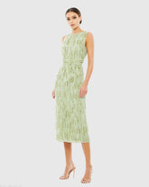 Green Abstract Beaded Sleeveless Midi Sheath Dress