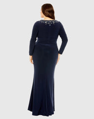 Navy Long Sleeve Embellished Neckline Jersey Gown - FINAL SALE