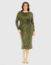 Olive Long Sleeve Sequin Gathered Waist Dress - FINAL SALE