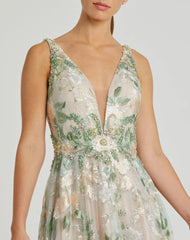 Multicolor Floral Embroidered Illusion V-Neck Gown