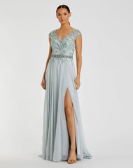 Blue Embellished Chiffon Cap Sleeve A-Line Gown