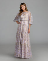 Purple Embroidered A-Line Gown With 3/4 Puff Sleeves