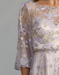 Purple Embroidered A-Line Gown With 3/4 Puff Sleeves