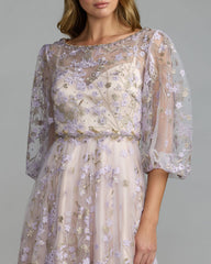 Purple Embroidered A-Line Gown With 3/4 Puff Sleeves