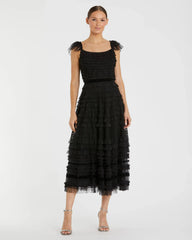 Black Ruffle Cap Sleeve Tiered Midi Dress