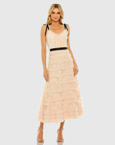 Pink Lace Tiered Midi Dress with Bow Straps