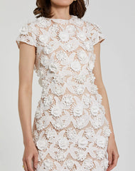 White and Beige Floral Lace Fitted Short Sleeve Midi Dress