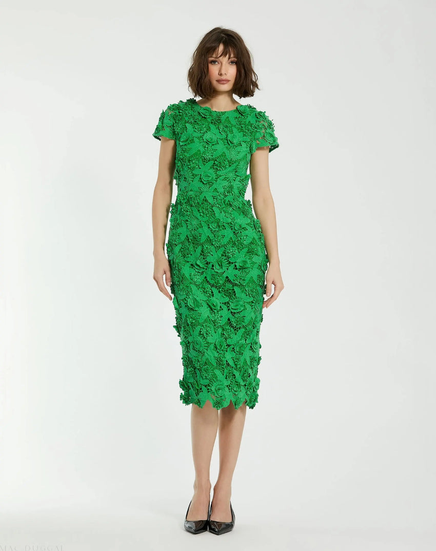 Green Floral Lace Fitted Short Sleeve Midi Dress