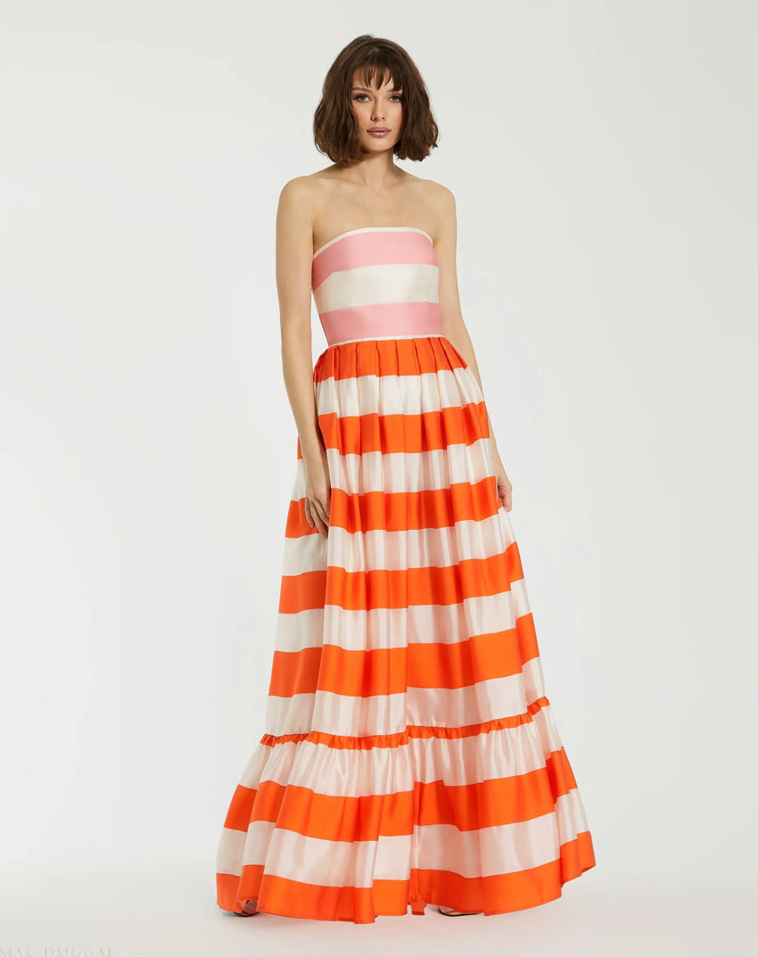 Multicolor Striped Organza Strapless Ruffle Gown
