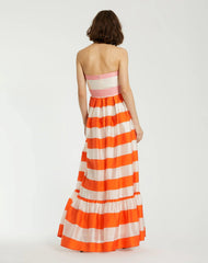 Multicolor Striped Organza Strapless Ruffle Gown