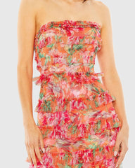 Multicolor Strapless Floral Micro Ruffle Maxi Dress