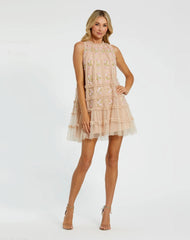 Beige Sleeveless High Neck Beaded Ruffle Mini Dress