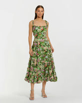 Green Ruffle Floral Square Neck Midi Dress