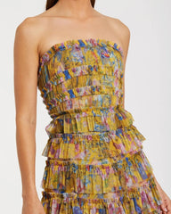 Yellow Floral Strapless Ruffle Midi Dress