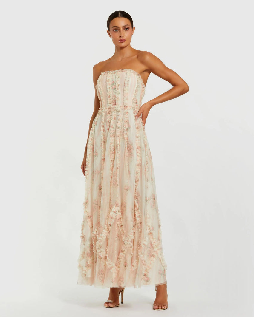 Pink and White Strapless Floral Ruffle Dress