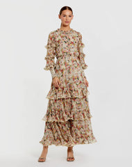 Beige Floral Tiered Ruffle Midi Dress with Long Sleeves