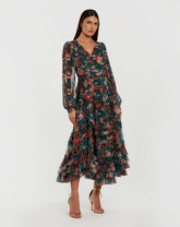 Teal Long Sleeve Floral Midi Dress With Ruffles