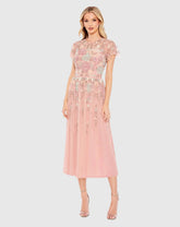 Pink Embellished Illusion High Neck Butterfly Sleeve Midi Dress