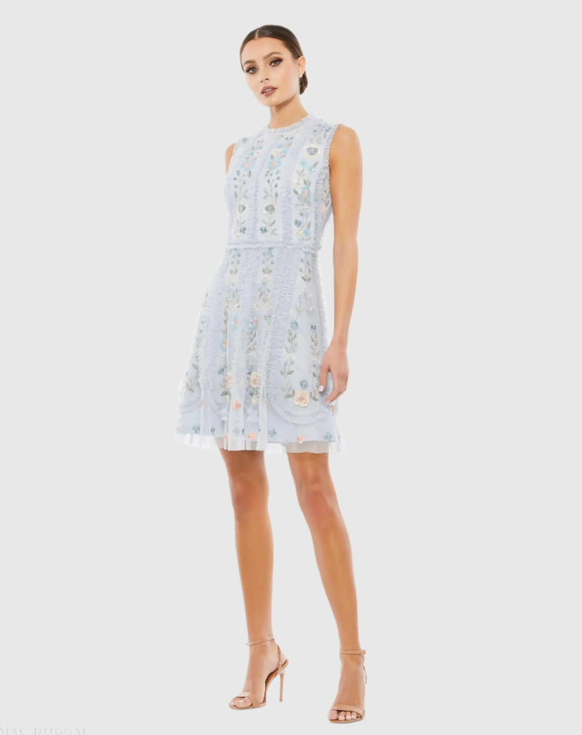 Blue Sleeveless High Neck Embroidered Mini Dress