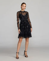 Black Sheer Long Sleeve Embellished Mini Dress