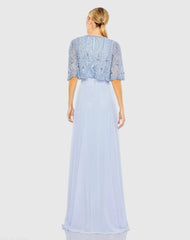 Blue Beaded Cape A-Line Gown