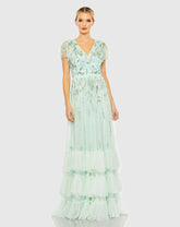 Ruffle Tiered Embellished Faux Wrap Flutter Sleeve Gown