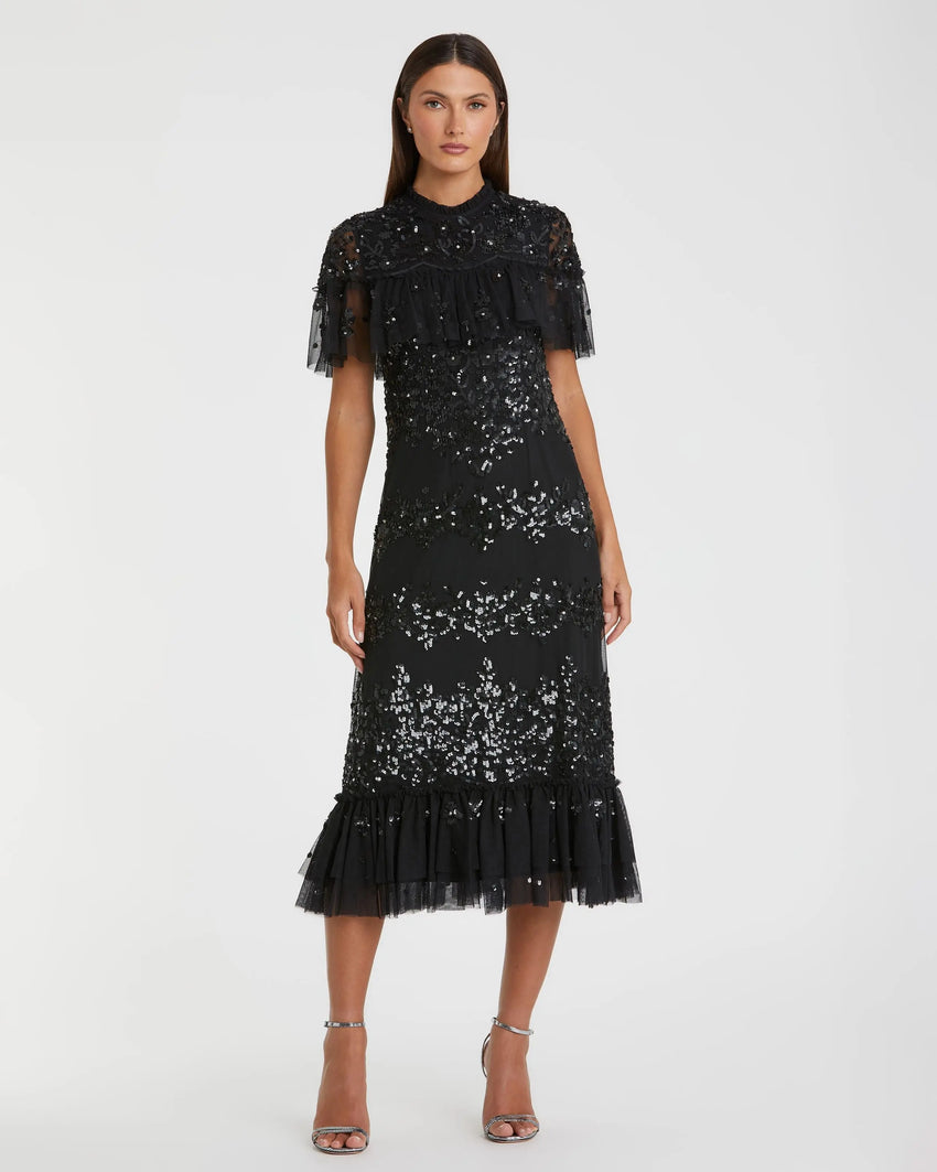 Black Sequined High Neck Ruffled Midi Dress