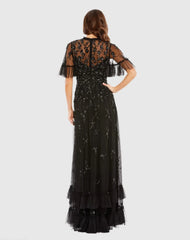 Black Floral Embellished Flutter Sleeve A-Line Gown