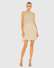 Beige High Neck Sleeveless Sequin Embellished Trapeze Dress