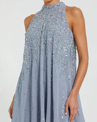 Blue High Neck Sleeveless Sequin Embellished Trapeze Dress