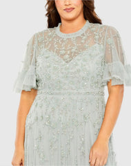 Green Embellished Flutter Sleeve Ruffle Tiered Gown