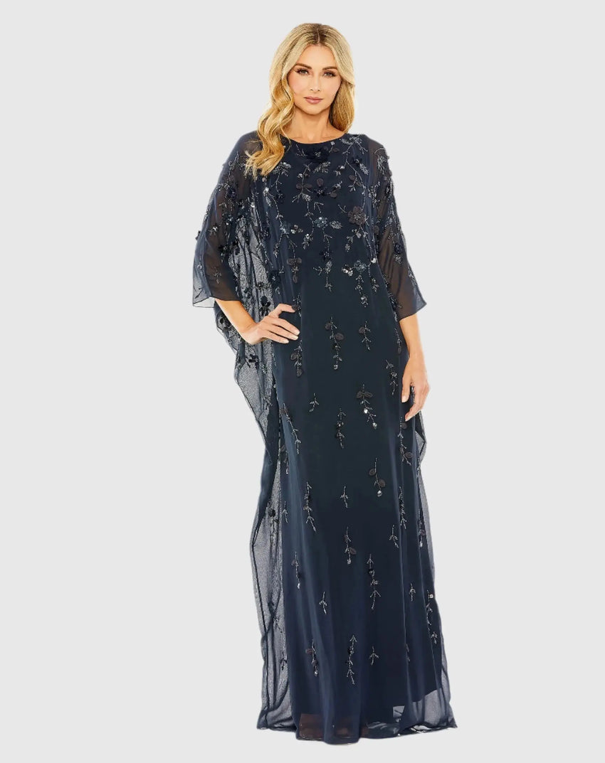 Navy Floral Embellished Kaftan Gown