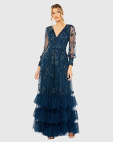 Navy Mesh Long Sleeve V-Neck Tiered A Line Gown