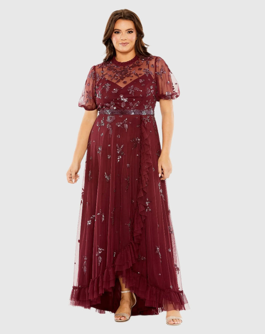 Red Short Sleeve Embellished Faux Wrap Gown (Plus)