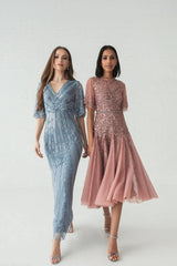 Blue Sequined V Neck Cape Sleeve Gown - FINAL SALE
