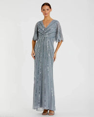 Blue Sequined V Neck Cape Sleeve Gown - FINAL SALE