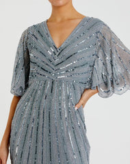 Blue Sequined V Neck Cape Sleeve Gown - FINAL SALE