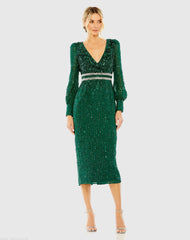 Green Sequined V Neck Bishop Sleeve Dress